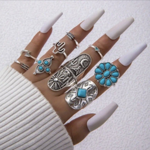 Bohemian Ring Set Rodeo Style Jewelry Blue White Silvery Statement Boho Rings - Picture 6 of 11